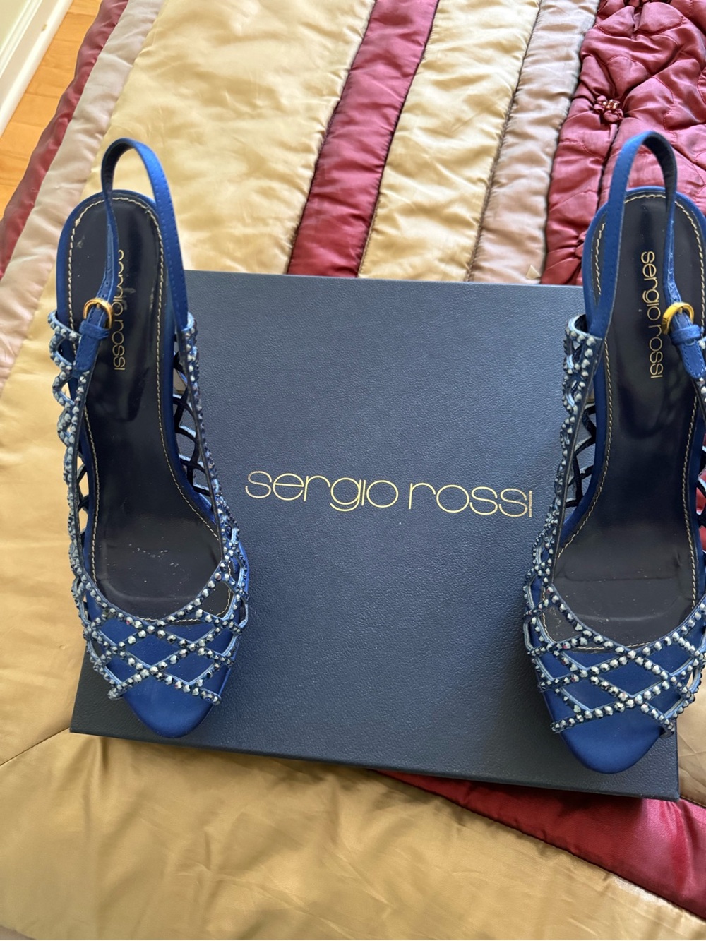 Sergio Rossi Navy Crystal-Embellished Slingback Heels